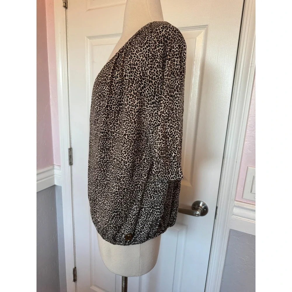 Michael Kors Womens Leopard Print Scoop Neck Bubble Hem 3/4‎ Sleeve Blouse Tan